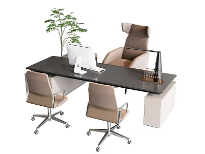 Modern Office Desk Workspace Setup With Computer Monitor Office Chairs And Potted Plant 3d model