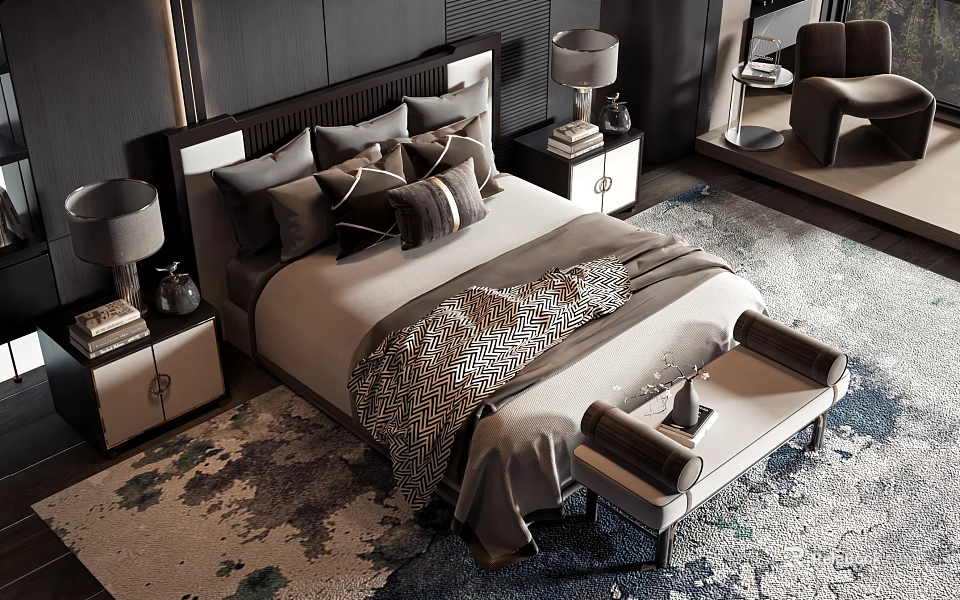 Modern Luxury Double Bed Interior With Upholstered Headboard Plush Pillows Textured Throw And Bed Bench 3d model 