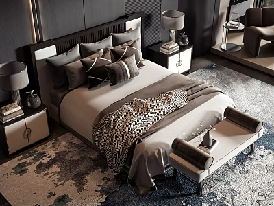 Modern Luxury Double Bed Interior With Upholstered Headboard Plush Pillows Textured Throw And Bed Bench 3d model