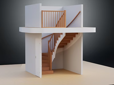 Wooden Staircase Model With White Walls Wooden Railing And Steps Design 3d model