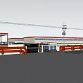 Industrial Area Entrance Gate With Metal Fence White Building Red Signboard Trees And Wet Ground