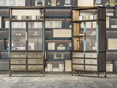 Elegant Modern Decorative Cabinet With Glass Doors Drawers Metal Frame And Display Ornaments 3d model