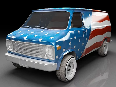 Classic Blue Van With American Flag Stars And Stripes Exterior Design 3d model