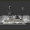 Surreal Winter Landscape With Bare Tree Trunks Metal Wheel And Ice Platform 3d model