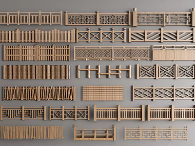 Various Fence Design Types With Wooden Lattice Panels Rail Structures And Decorative Patterns 3d model