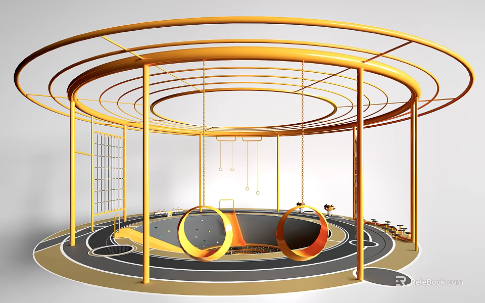 Yellow Multi Ring Pergola Structure With Swings And Playground Ground Design 3d model 