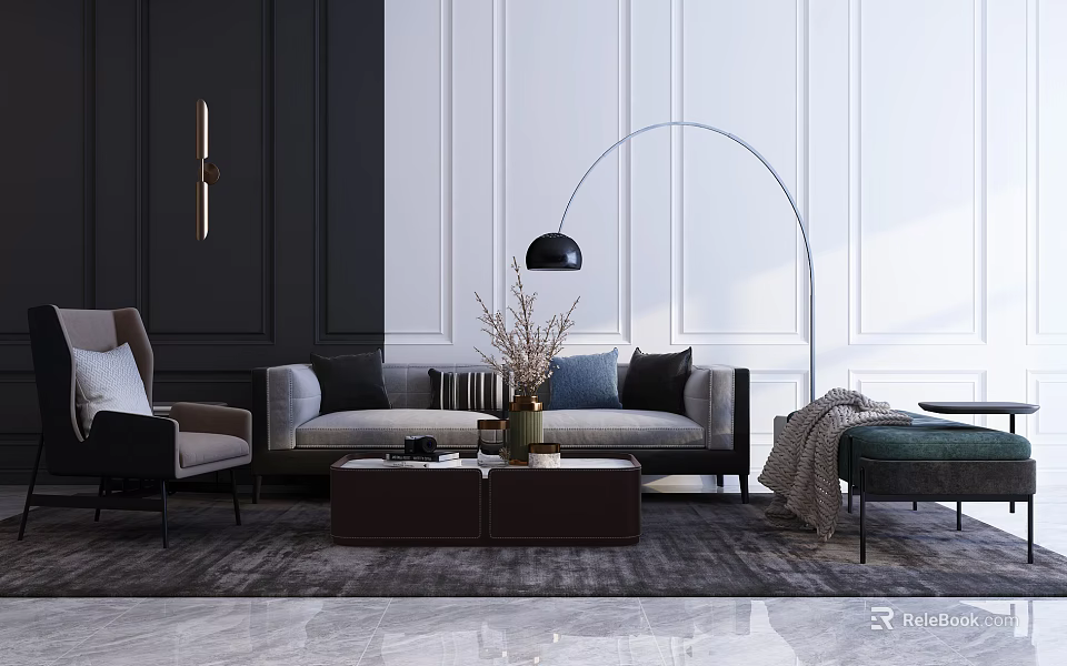 Elegant Modern Sofa Coffee Table Set With Arched Floor Lamp Armchair And Decorative Rug 3d model 