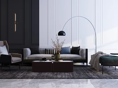 Elegant Modern Sofa Coffee Table Set With Arched Floor Lamp Armchair And Decorative Rug 3d model