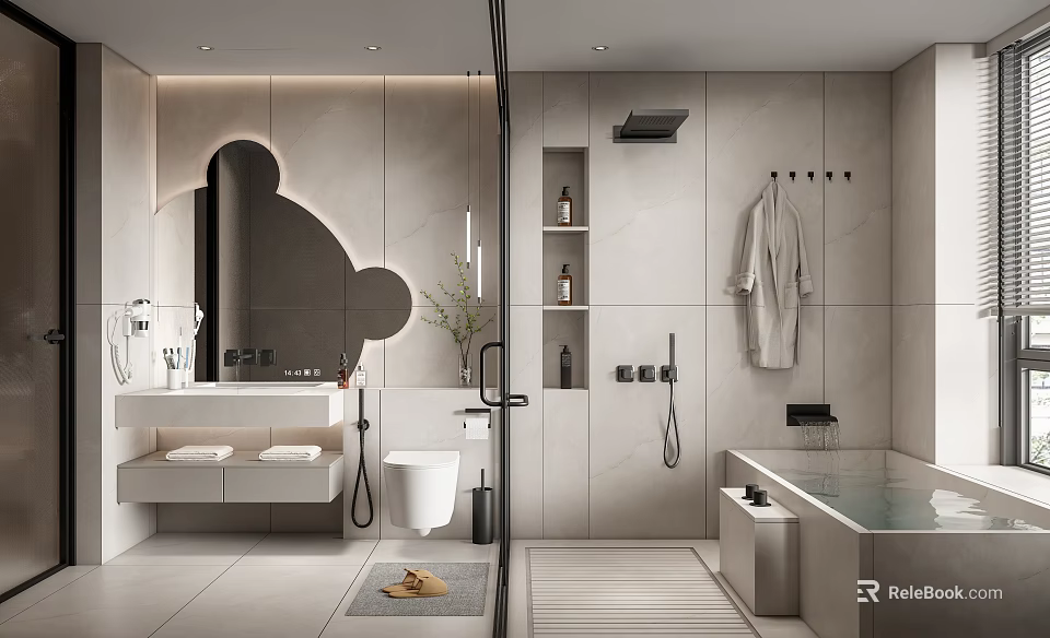 Modern Bathroom Interior With Wall Mounted Toilet Freestanding Bathtub And Decorative Mirror 3d model 