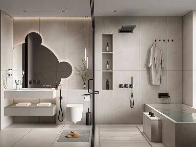 Modern Bathroom Interior With Wall Mounted Toilet Freestanding Bathtub And Decorative Mirror 3d model