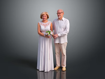 Elderly Couple Holding Hands Woman In White Dress With Bouquet Man In White Shirt 3d model