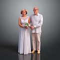 Elderly Couple Holding Hands Woman In White Dress With Bouquet Man In White Shirt