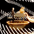 Man Standing By Piano Surrounded By Golden Light Strips On Black Background