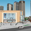 Modern Commercial Complex With Brand Retail Stores Green Space And Pedestrian Connecting Walkway