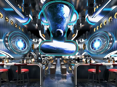 Futuristic Starry Sky Themed Bar Interior With Blue Lighting And Red Stools 3d model