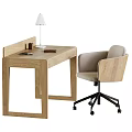 Light Wood Writing Desk And Office Chair Set With Lamp Books And Wheeled Base