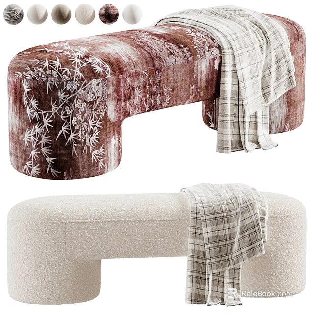 Brown Velvet And Beige Textured Bed Bench With Bamboo Pattern And Plaid Blanket 3d model 