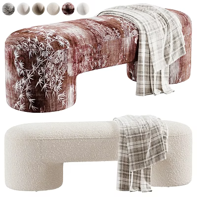 Brown Velvet And Beige Textured Bed Bench With Bamboo Pattern And Plaid Blanket 3d model
