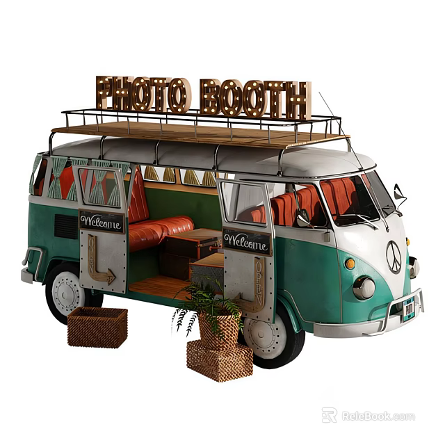 Vintage Van Interior With Photo Booth Sign Red Seats Wicker Baskets 3d model 