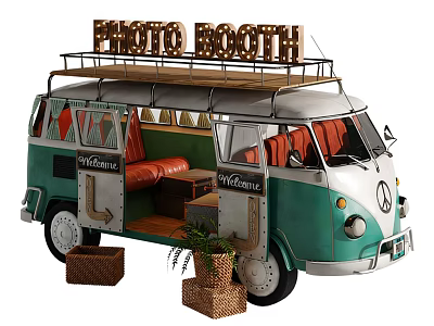 Vintage Van Interior With Photo Booth Sign Red Seats Wicker Baskets 3d model