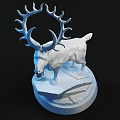 Detailed White Goat Sculpture Carving With Large Antlers On Rock Base