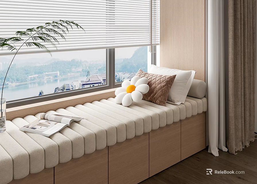 Modern Upholstered Bay Window Bench With Decorative Pillows And Scenic Mountain Water View 3d model 