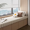 Modern Upholstered Bay Window Bench With Decorative Pillows And Scenic Mountain Water View