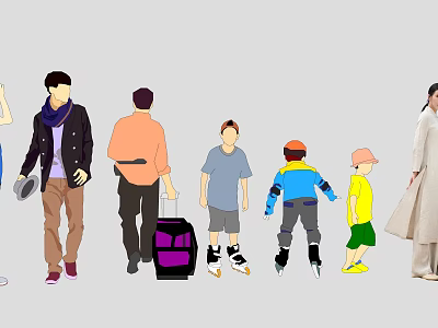 People of Various Ages Carrying Luggage Wearing Roller Skates Long Dresses and Casual Outfits 3d model
