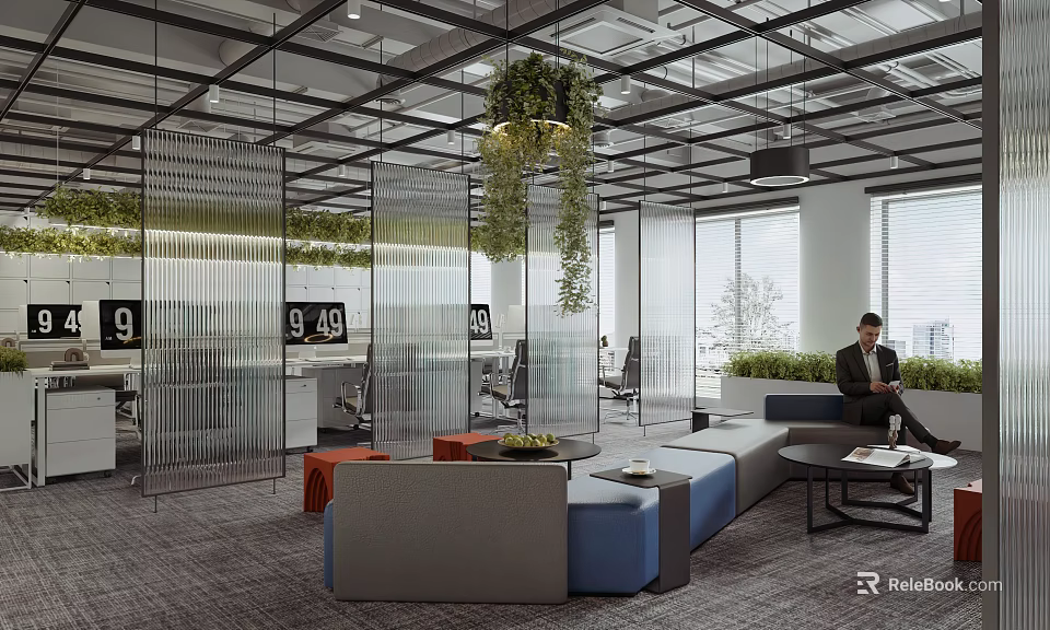 Modern Public Office Space With Glass Partitions Hanging Plants Sofa Seating And Desks 3d model 