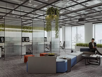Modern Public Office Space With Glass Partitions Hanging Plants Sofa Seating And Desks 3d model