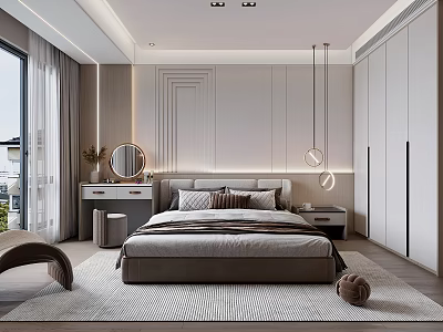 Modern Bedroom Interior With Upholstered Bed Round Mirror Pendant Lights Wardrobe And Area Rug 3d model