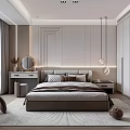 Modern Bedroom Interior With Upholstered Bed Round Mirror Pendant Lights Wardrobe And Area Rug