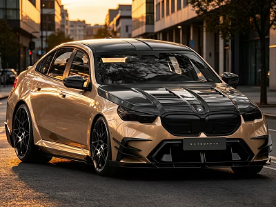 Modern Golden Sporty Sedan With Black Hood On Urban Street At Sunset 3d model