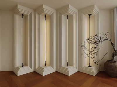 White Vertical Decorative Lights In Light Colored Walls With Wooden Floors Clay Pot And Branches 3d model