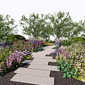 Serene Garden Landscape With Stone Path Colorful Flowers Green Plants And Trees
