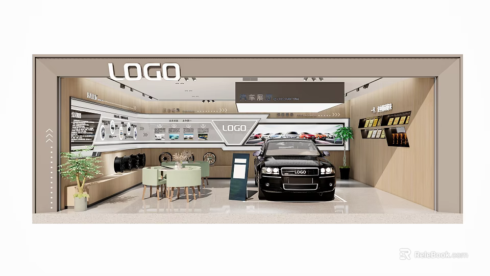 Modern Car Showroom Interior Featuring Black Car LOGO Display Wall And Seating Area 3d model 