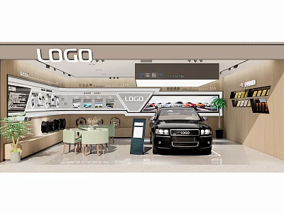 Modern Car Showroom Interior Featuring Black Car LOGO Display Wall And Seating Area 3d model