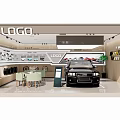 Modern Car Showroom Interior Featuring Black Car LOGO Display Wall And Seating Area