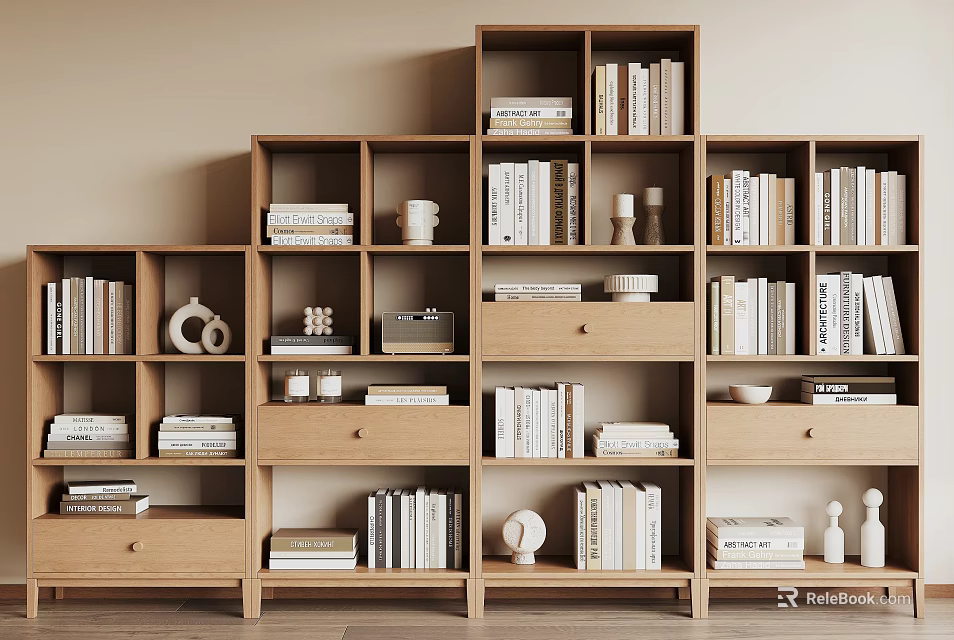 Modern Wooden Bookshelf Open Shelving Design With Multiple Compartments Books And Decorative Items 3d model 