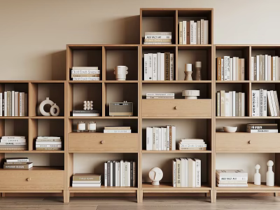 Modern Wooden Bookshelf Open Shelving Design With Multiple Compartments Books And Decorative Items 3d model
