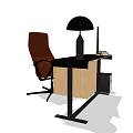 Modern Office Desk Setup With Computer Monitor Black Lamp Brown Chair And Wooden Drawer