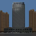 Modern High Rise Hotel Building With Glass Curtain Wall Lighting And Surrounding Buildings