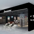 Modern Snoemaker Shoe Store Counter In Mall With Glass Frontage And Displayed Shoes