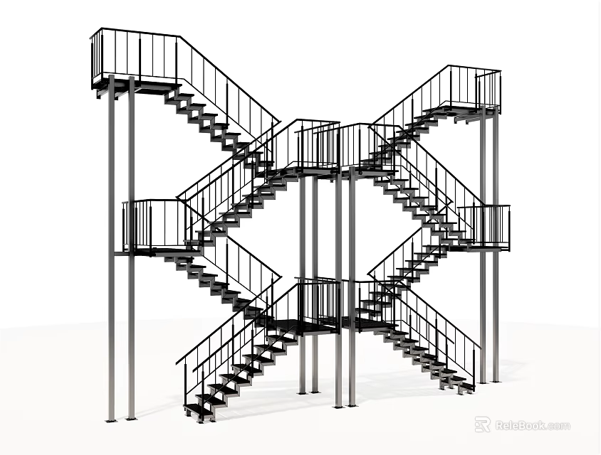 Modern Multi Level Staircase With Metal Railings And Cross Structure Design 3d model