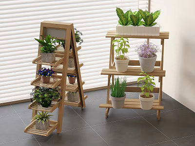 Indoor Wooden Plant Stands With Multiple Tiers Holding Green Potted Plants 3d model