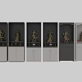 Chinese Style Buddhist Shrine Cabinets with Golden Statues Decorative Doors and White Gray Finish
