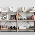 Elegant Decorative Ornament Set on Wooden Shelf with Geometric Pieces Books and Bowls
