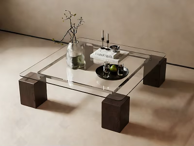 Modern Glass Coffee Table with Dark Square Legs and Decorative Items on Top 3d model