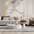 Modern Living Room Sofa And Coffee Table Set With Light Upholstery Round Table Marble Backdrop