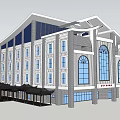 Multi Story Commercial Complex Featuring Stone Facade Arched Windows And Sloped Roof Design